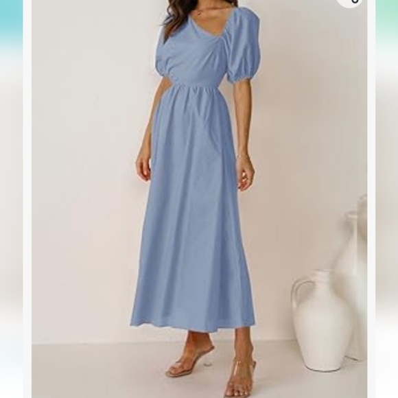 BTFBM Puff Sleeve Asymmetrical Neck High Waist Cutout Swing Maxi Dress Blue SZ M - Picture 2 of 9